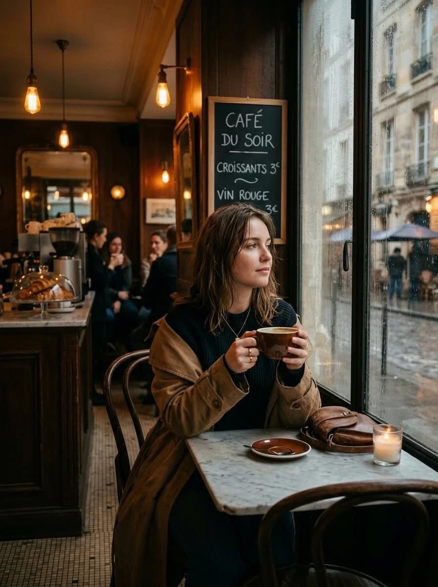 Cinematic photo of a young woman sitting alone in a cozy Parisian café on...