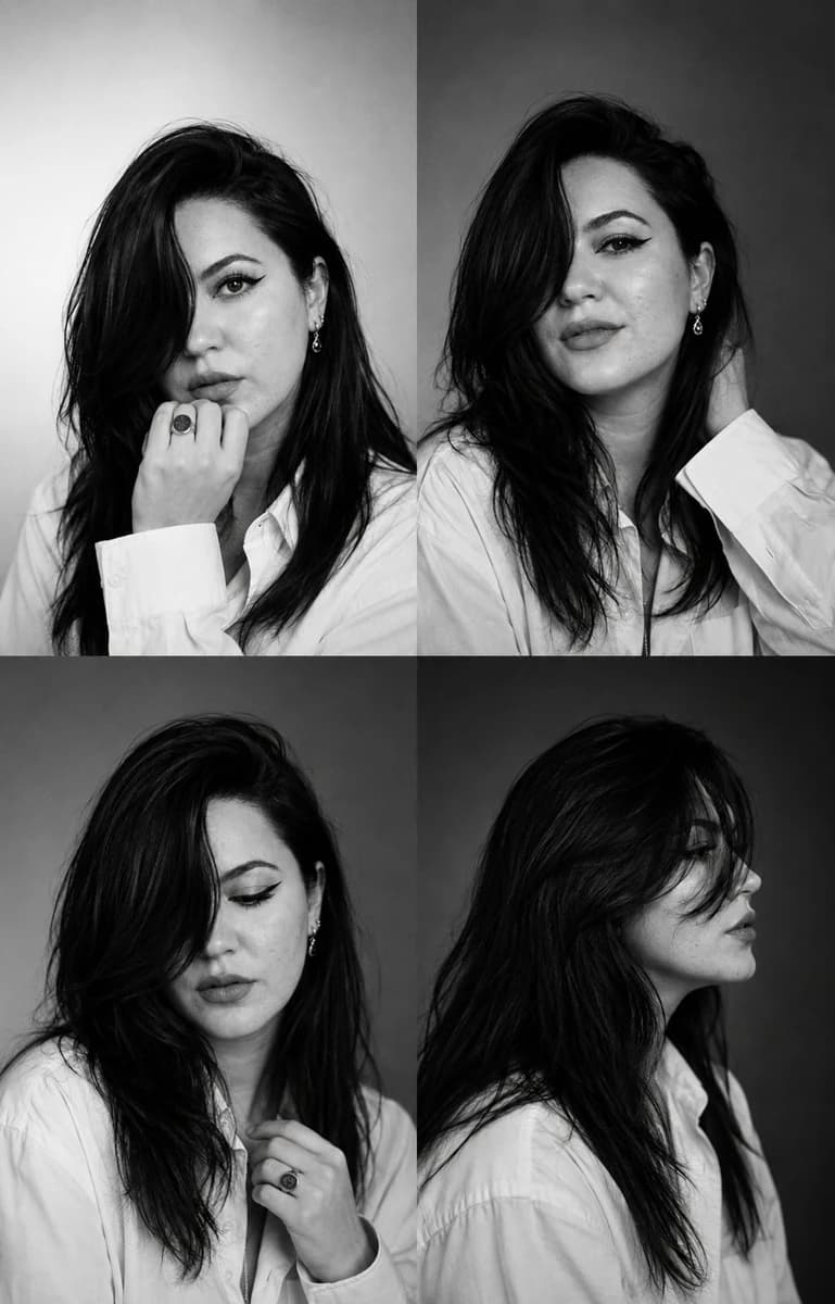 Black-and-white fashion casting contact sheet of a woman with long straig...