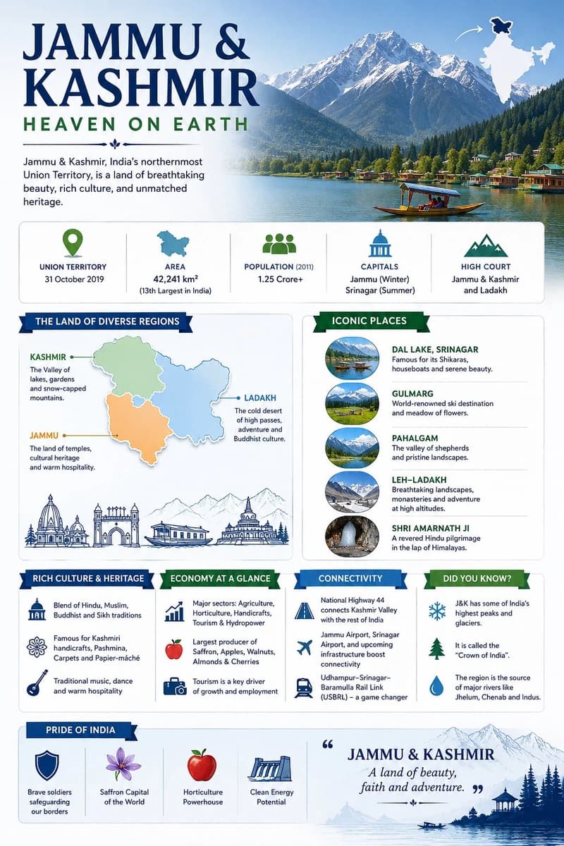 A premium cinematic infographic poster about Jammu & Kashmir, “Heaven...