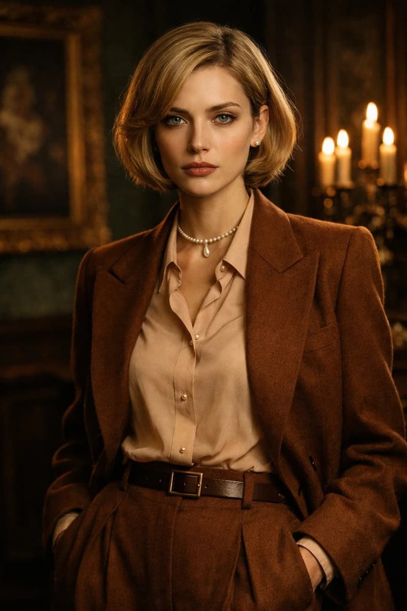 A highly detailed portrait of a confident young woman in her late 20s wit...