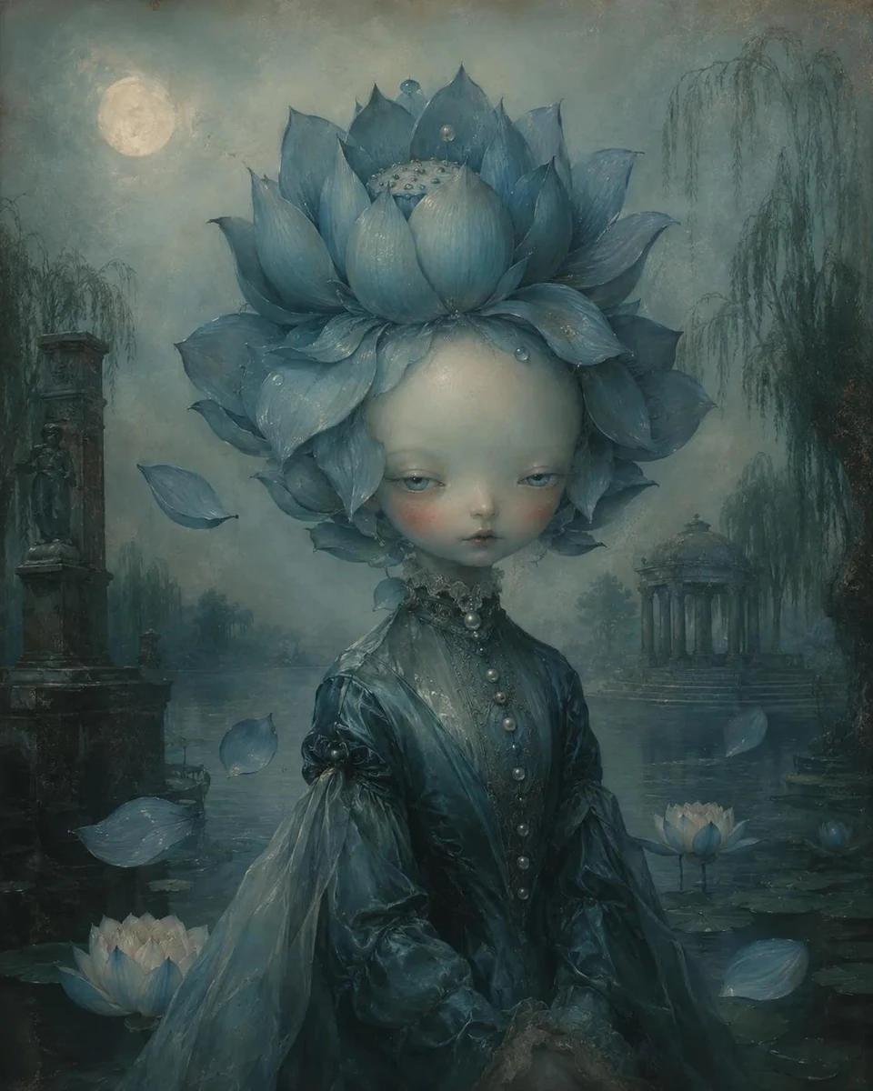 Whimsical eerie portrait of an anthropomorphic [FLOWER] person with delic...