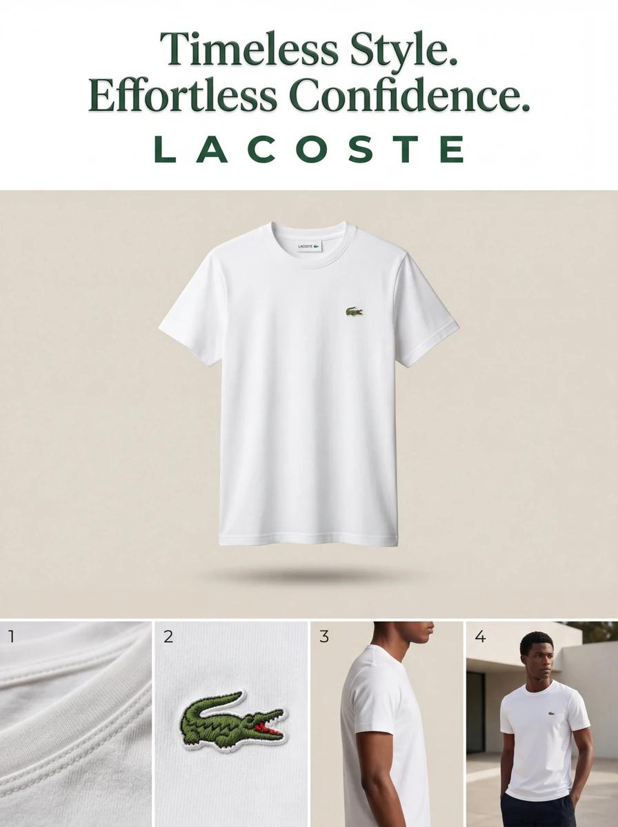 Objective": "Create a premium 3:4 Lacoste t-shirt advertisement featuring...