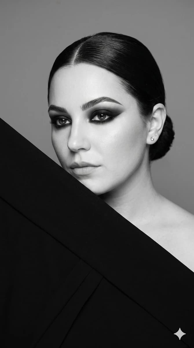 Hyper-realistic black and white fine art fashion portrait in 9:16