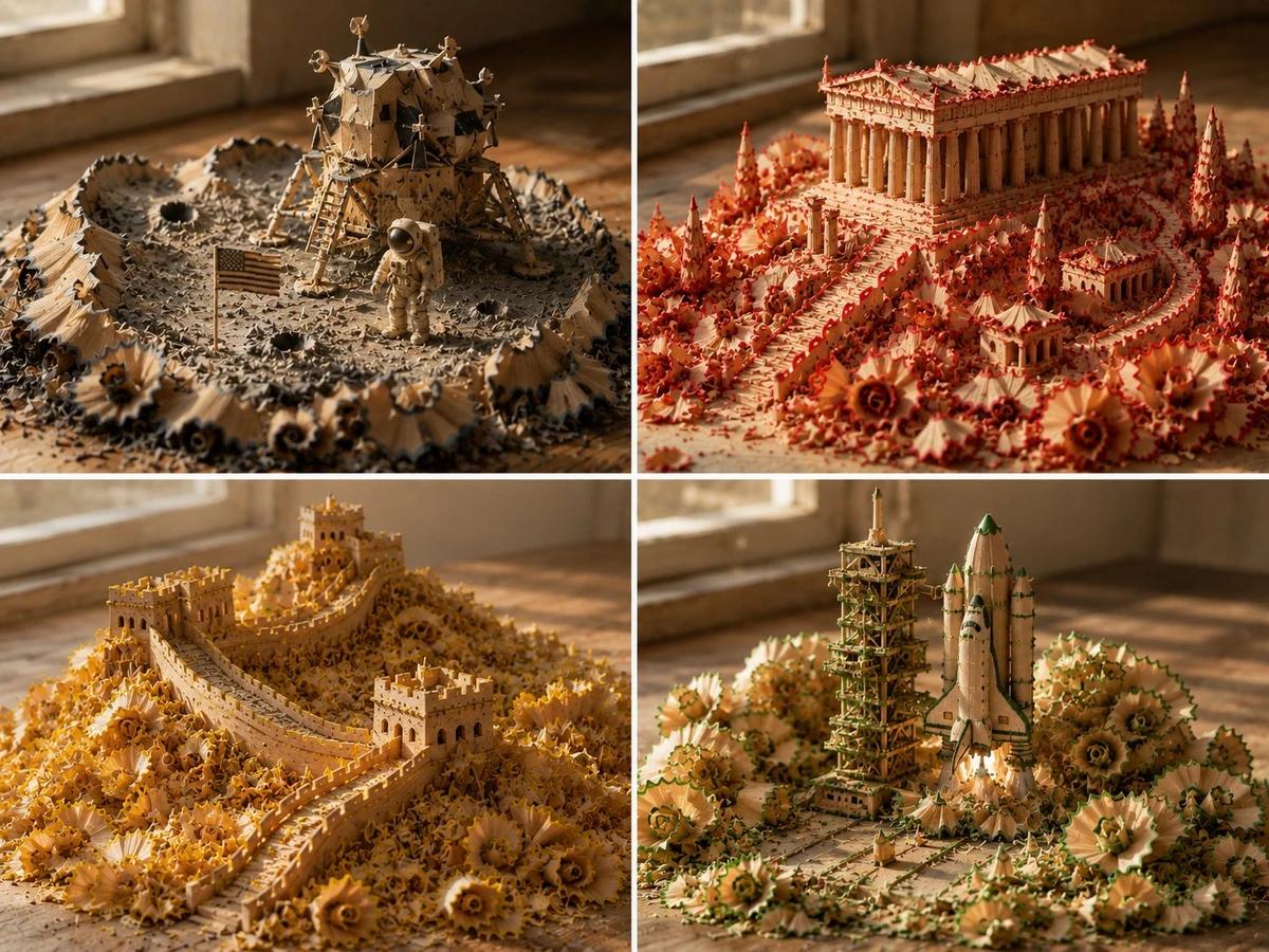 Gorgeous scenes created with pencil shavings. GPT Image 2 prompt: