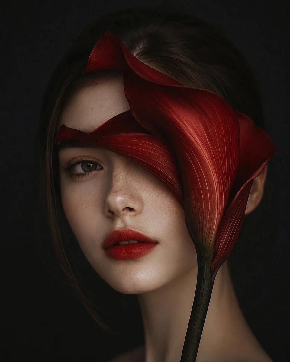 Ultra-realistic fine art fashion portrait of a pale porcelain-skinned wom...