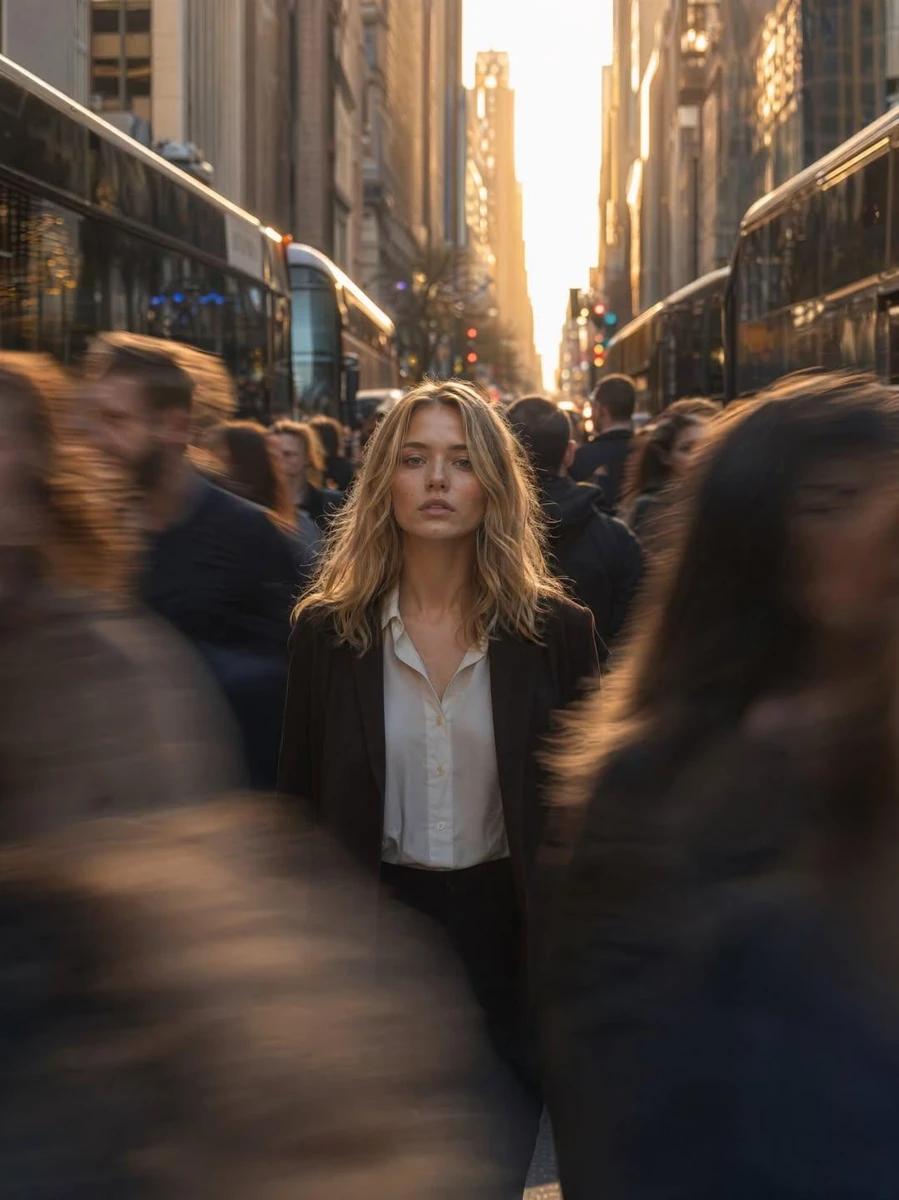A cinematic urban street scene at golden hour featuring a young woman sta...