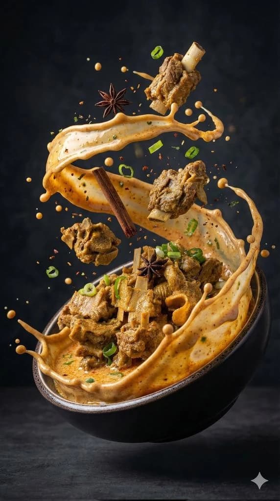 Ultra-realistic cinematic food photography of a bowl of rich spicy meat s...