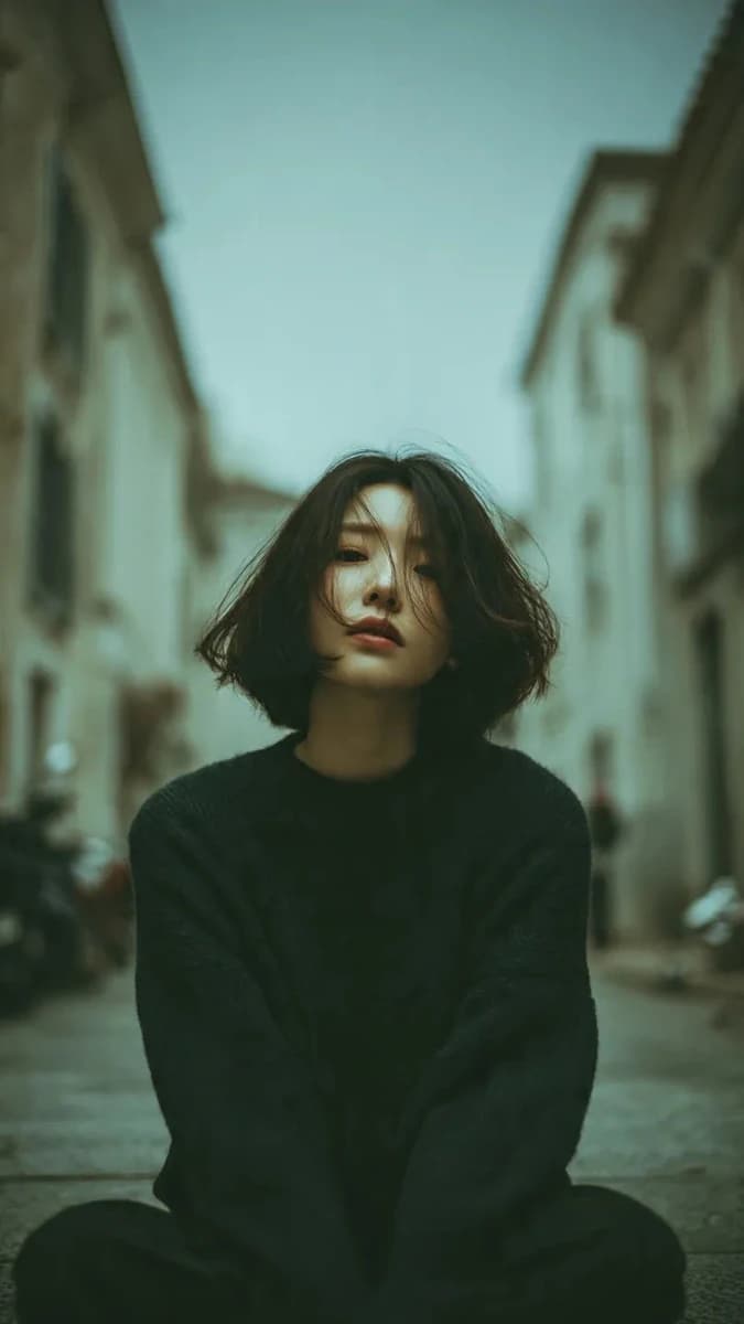 Cinematic street portrait of a young woman with short messy bob haircut,...