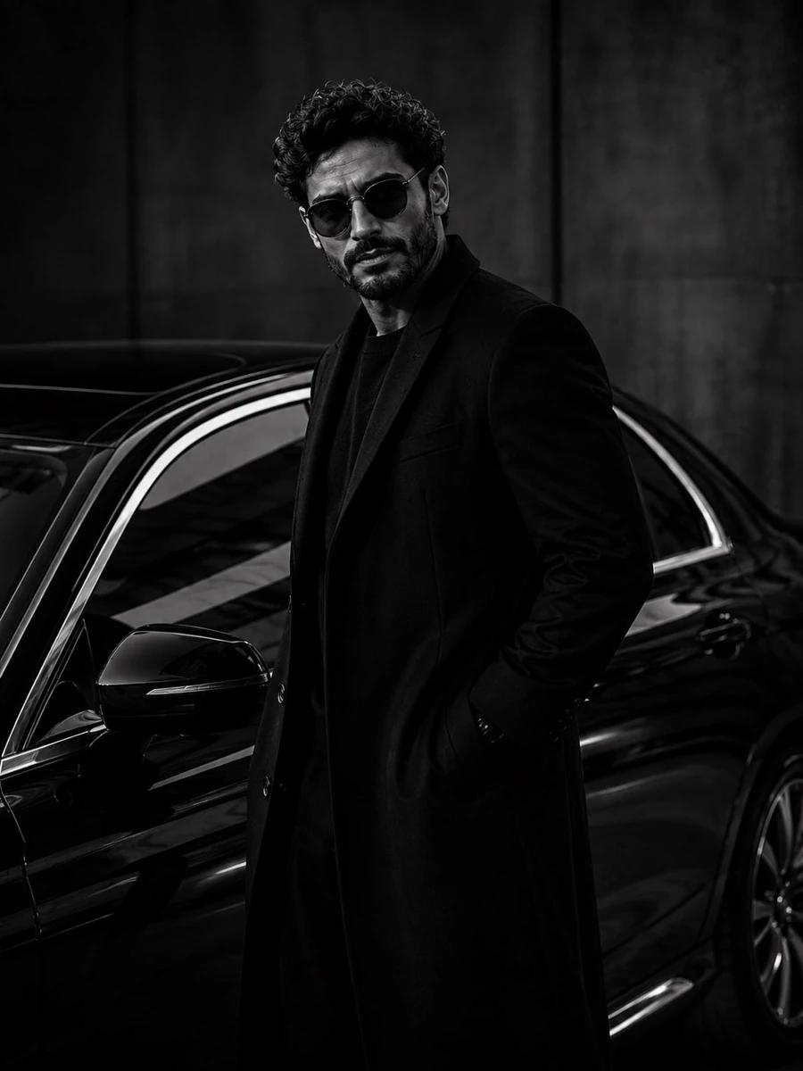 Ultra-luxury fashion editorial, monochrome black and white photography, c...