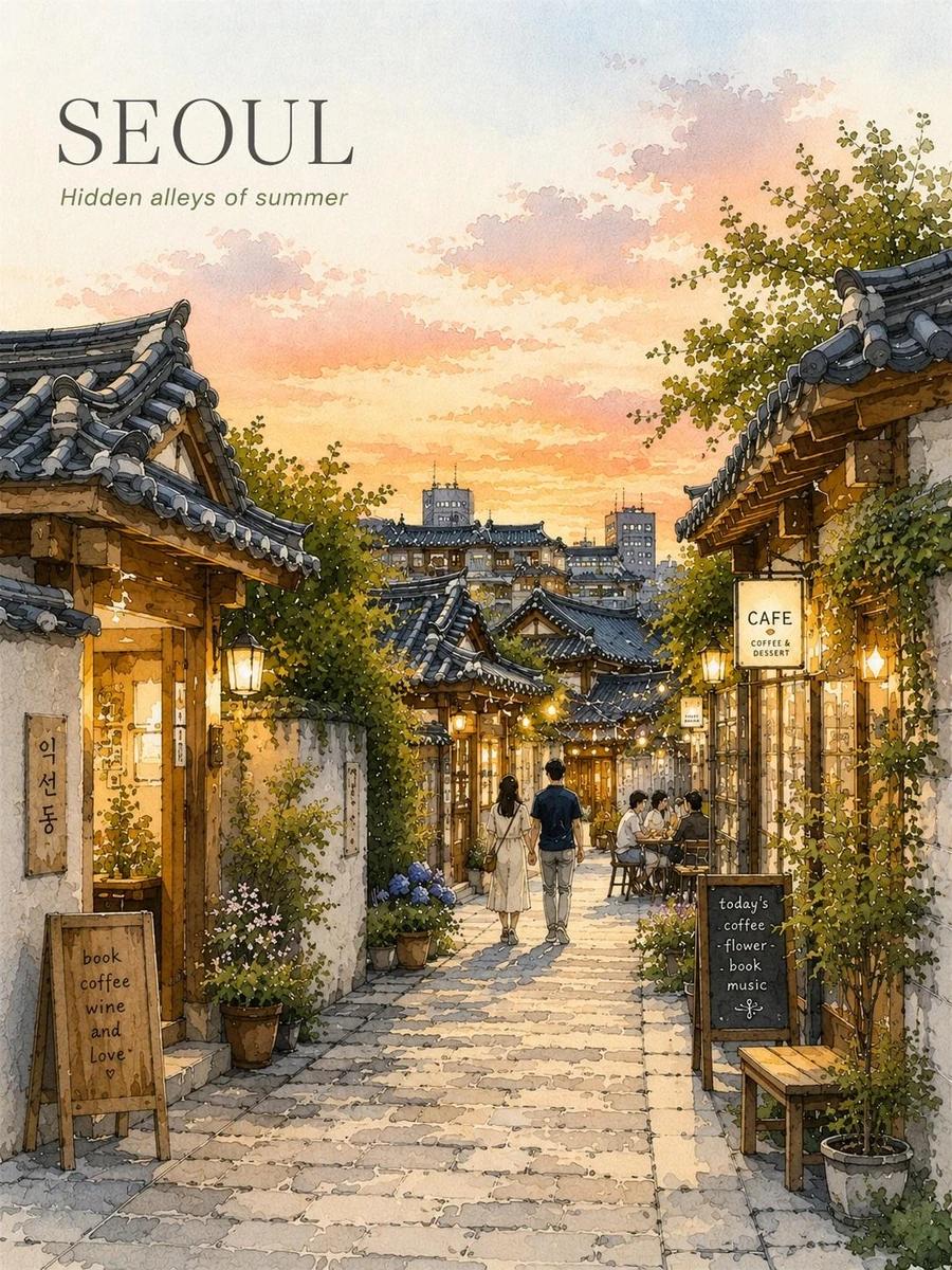 Charming Seoul travel poster in delicate watercolor and ink sketch style,...