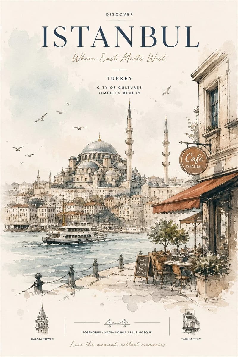 Style: watercolor architectural sketch, editorial travel poster, minimali...