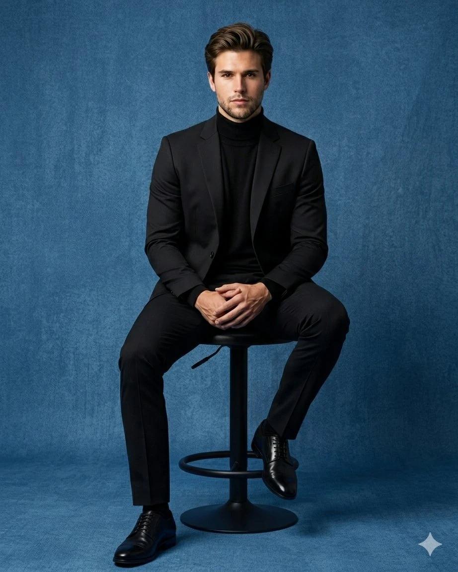 Hyper-realistic luxury studio full-body portrait of a confident young man...