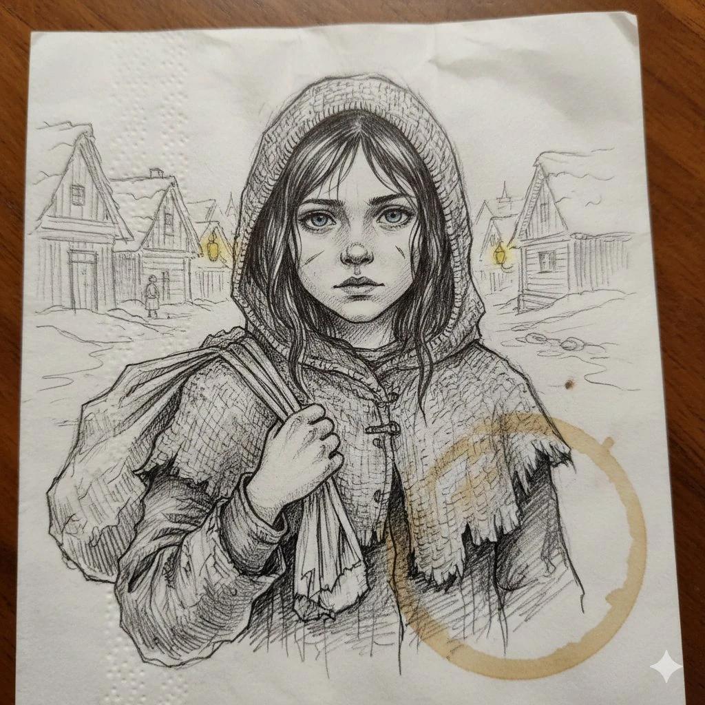 A melancholic young girl with large expressive blue eyes and tear-streake...
