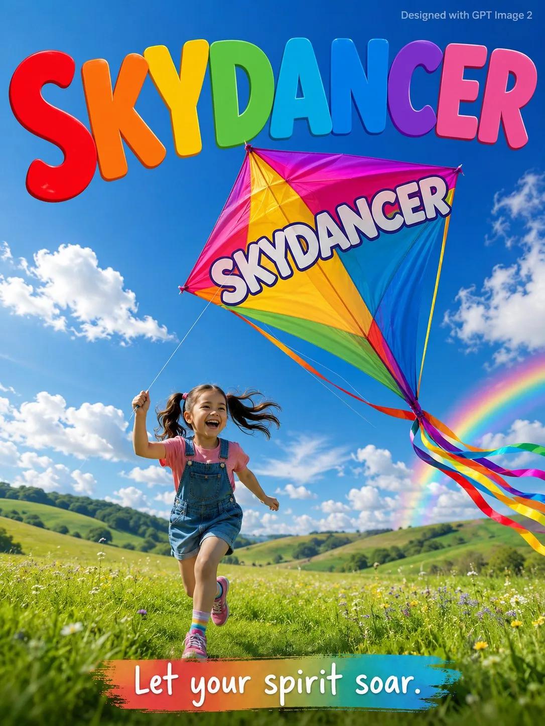 A joyful outdoor kids advertisement poster. A laughing young girl age 8 w...
