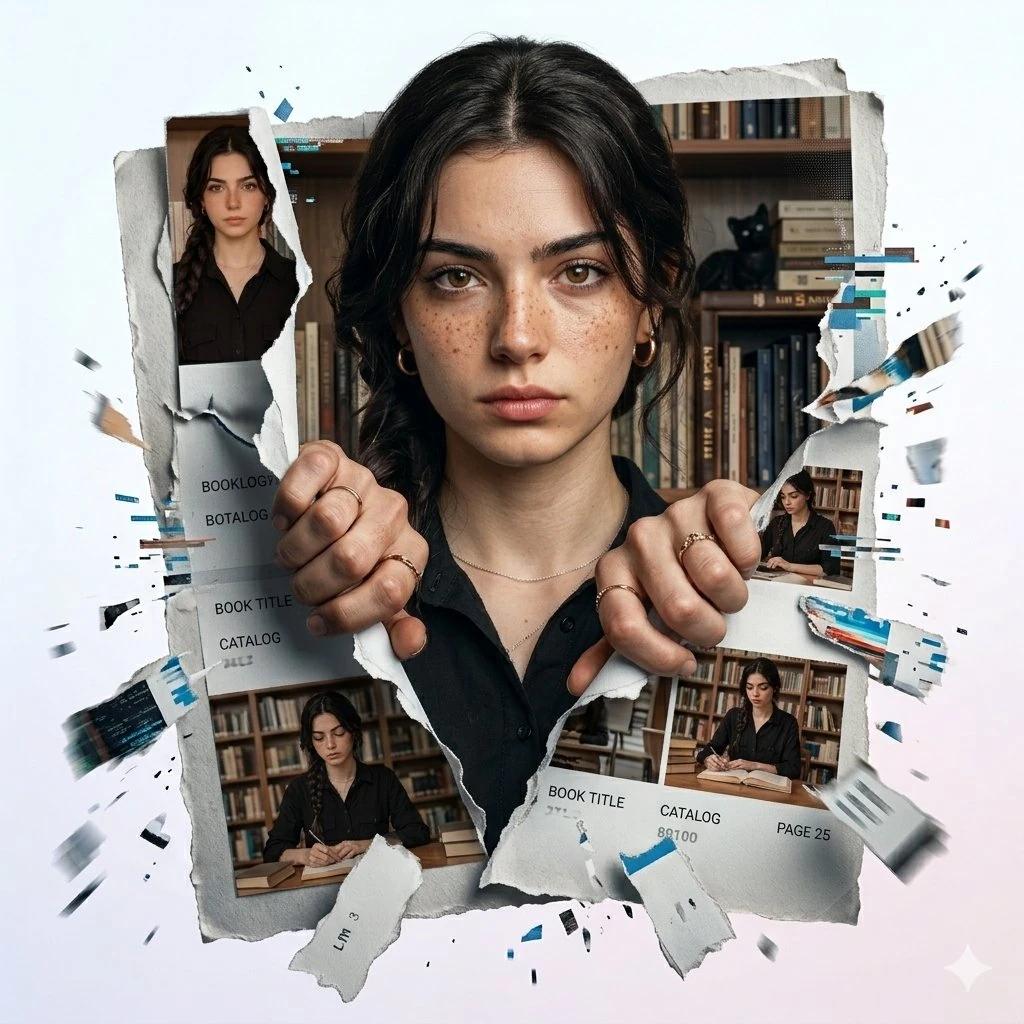 A very creative digital work of art, where a realistic girl (whose face 1...