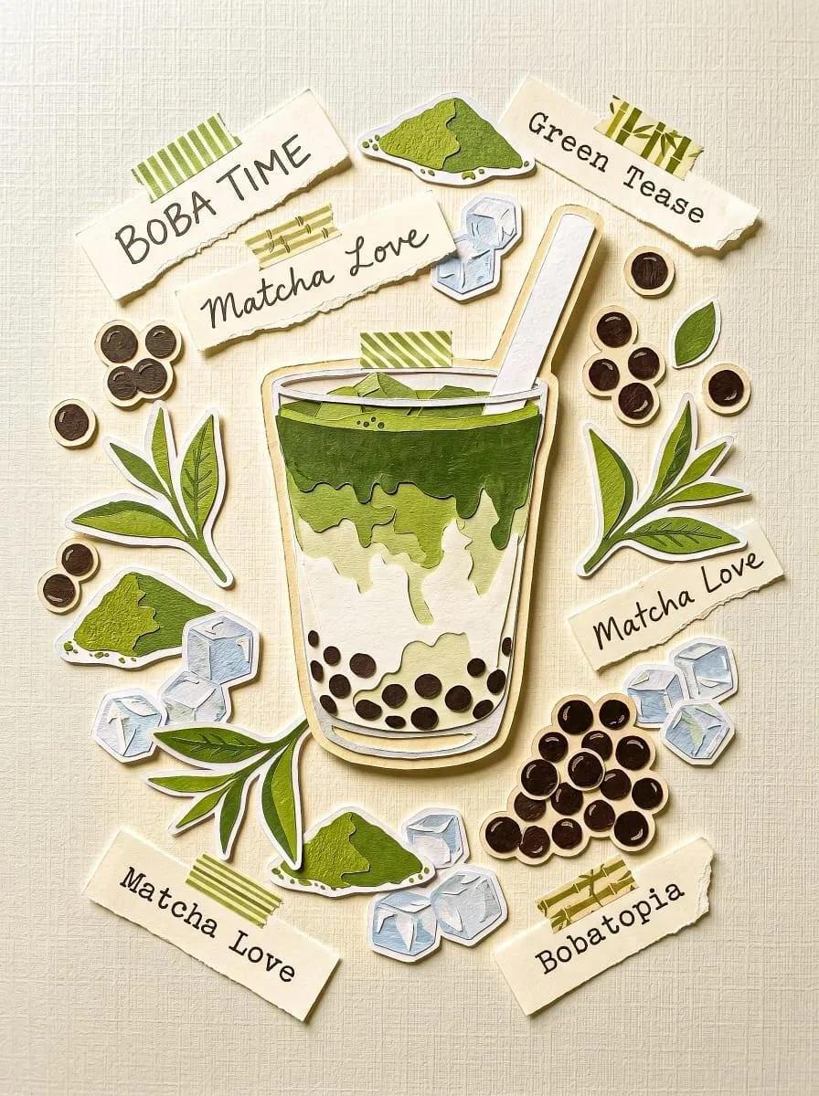 A central subject surrounded by sticker elements that feel cut-out and la...