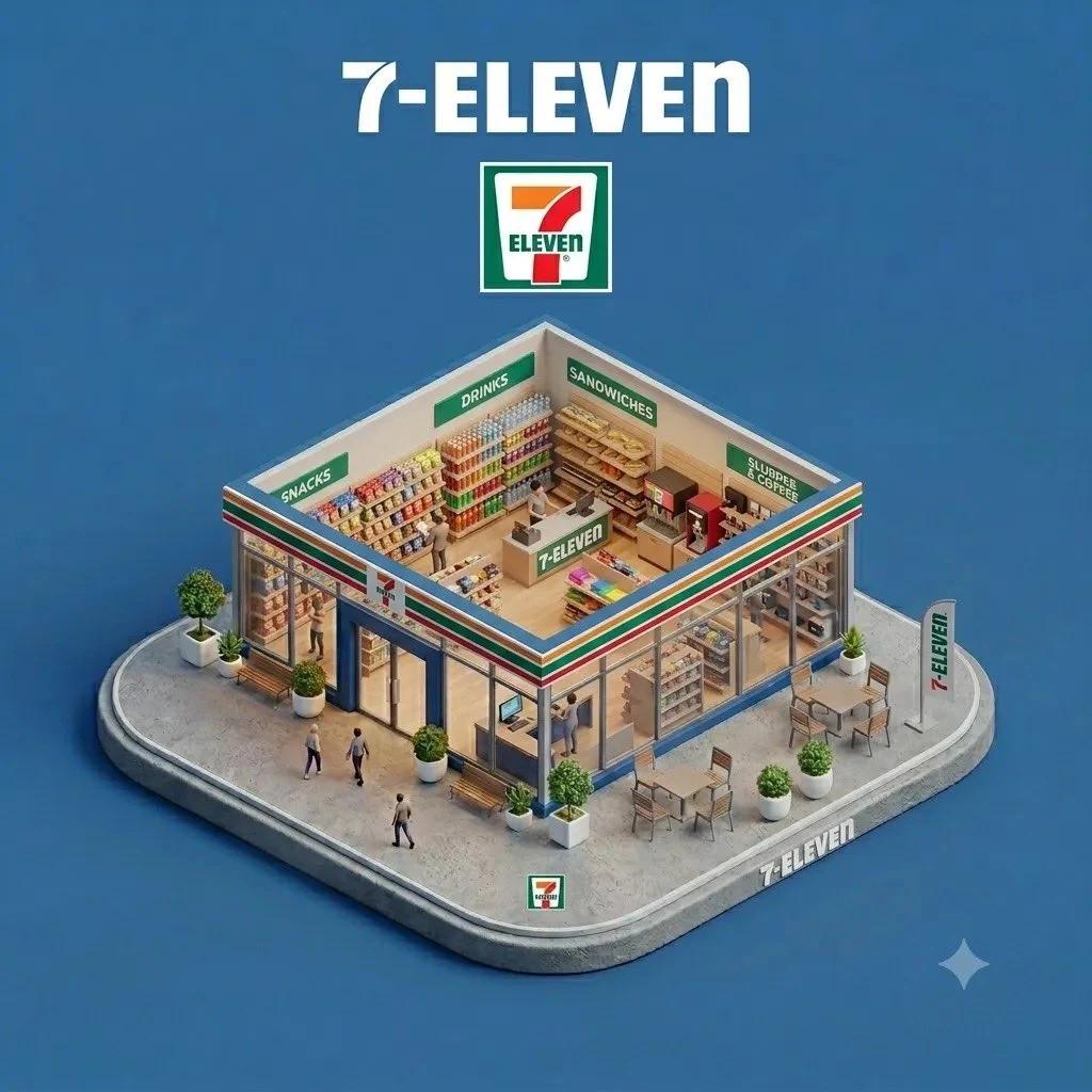 Ultra-detailed isometric 3D miniature diorama of a branded storefront pla...