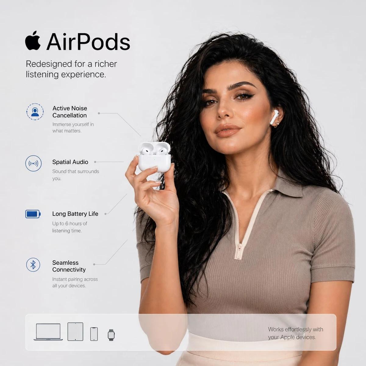 High-end e-commerce infographic featuring Apple AirPods (latest generatio...
