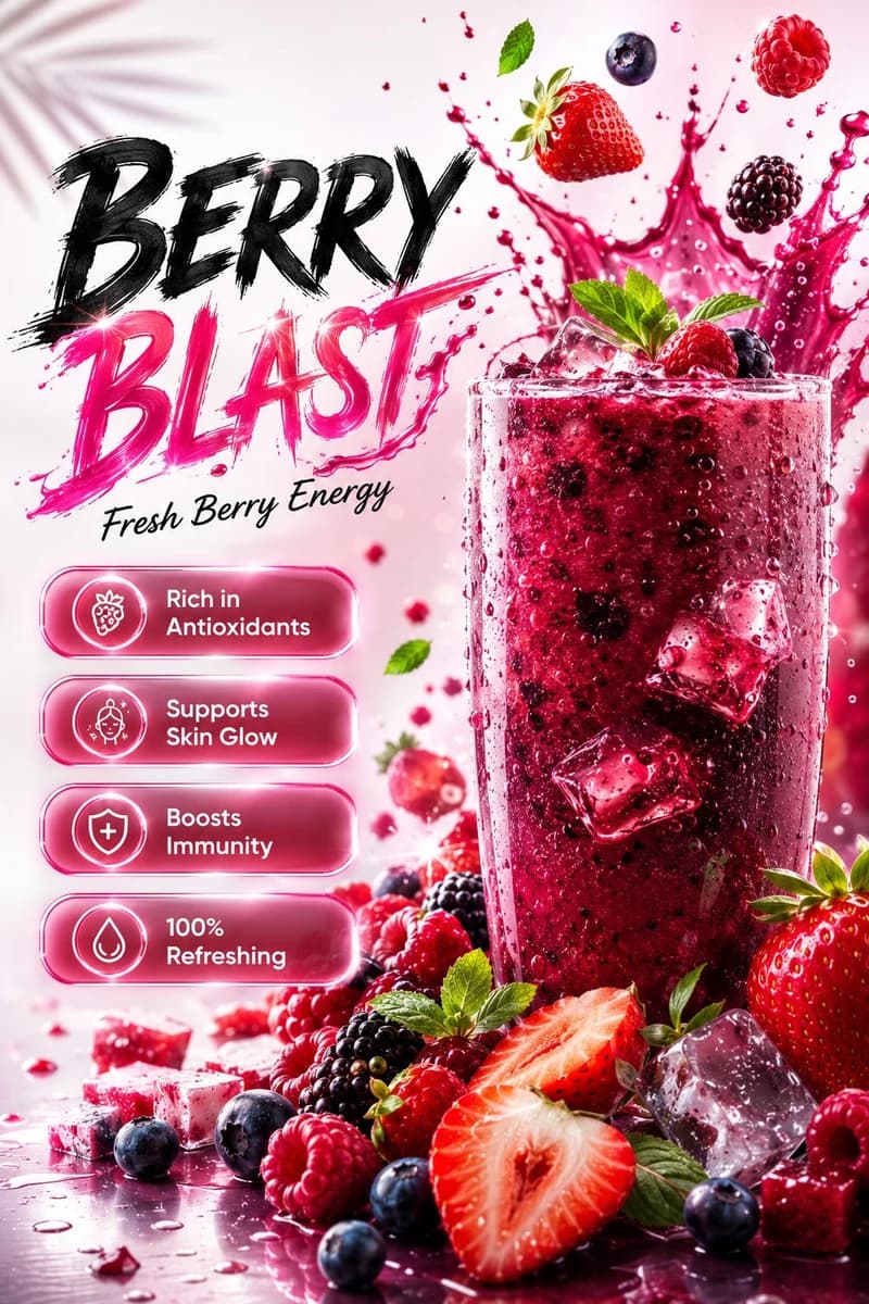 Ultra-realistic premium mixed berry beverage advertisement poster design,...