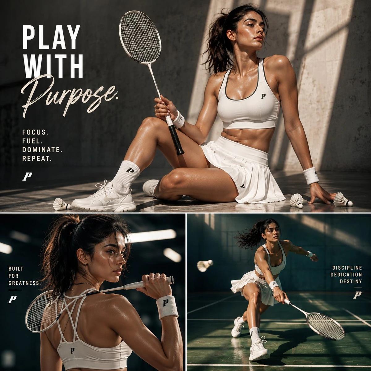 Ultra-premium badminton editorial poster collage featuring a powerful fem...