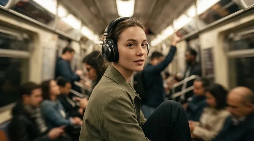 Photorealistic luxury campaign image of a female model in a busy metro ca...