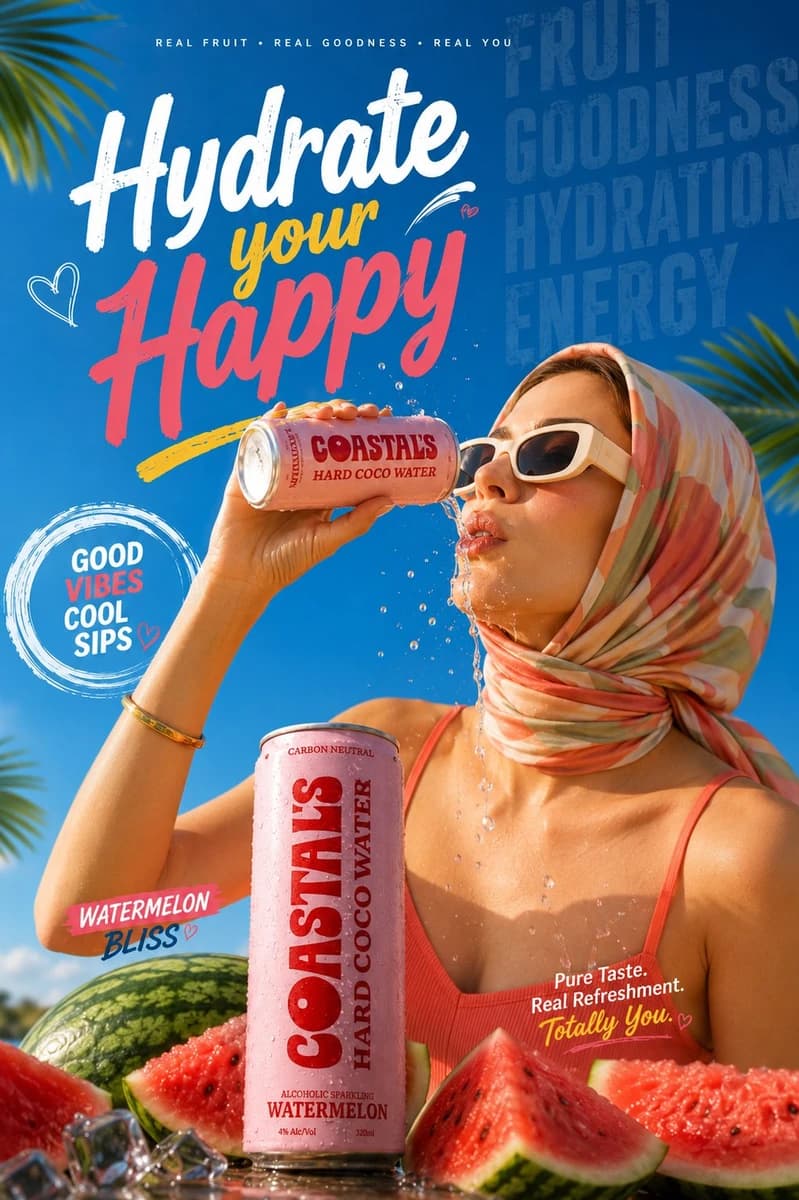 (Ultra-realistic summer beverage commercial poster), stylish young woman...