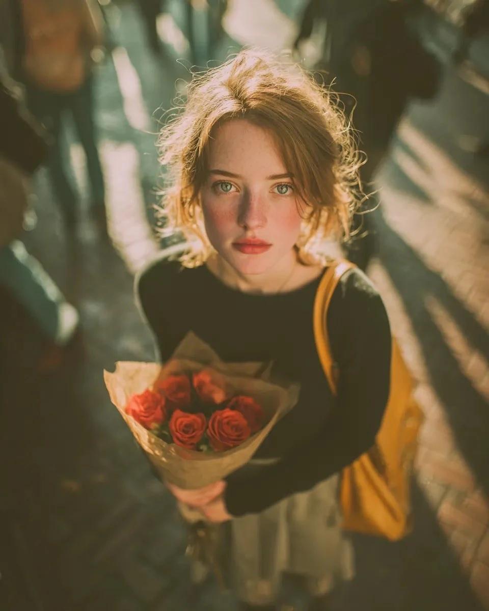 A high-angle, top-down cinematic portrait of a young woman with wavy brow...