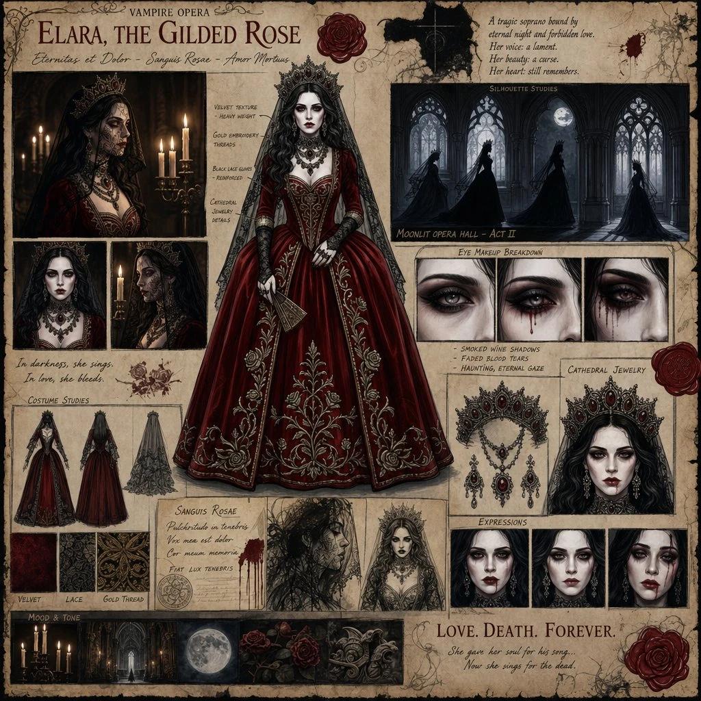 Beautiful female lead with pale porcelain skin, blood-red velvet gown, ca...