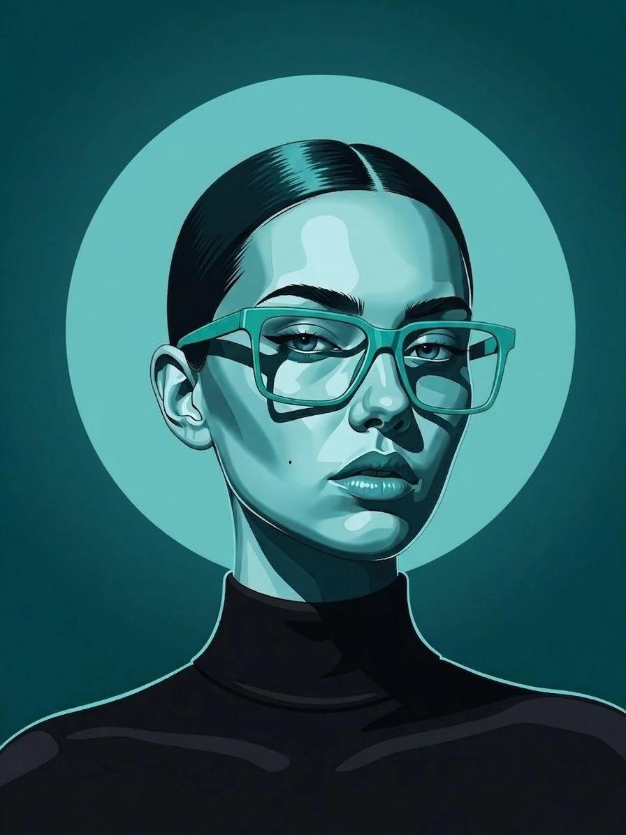 A bold modern vector portrait of a stylish woman wearing oversized geomet...