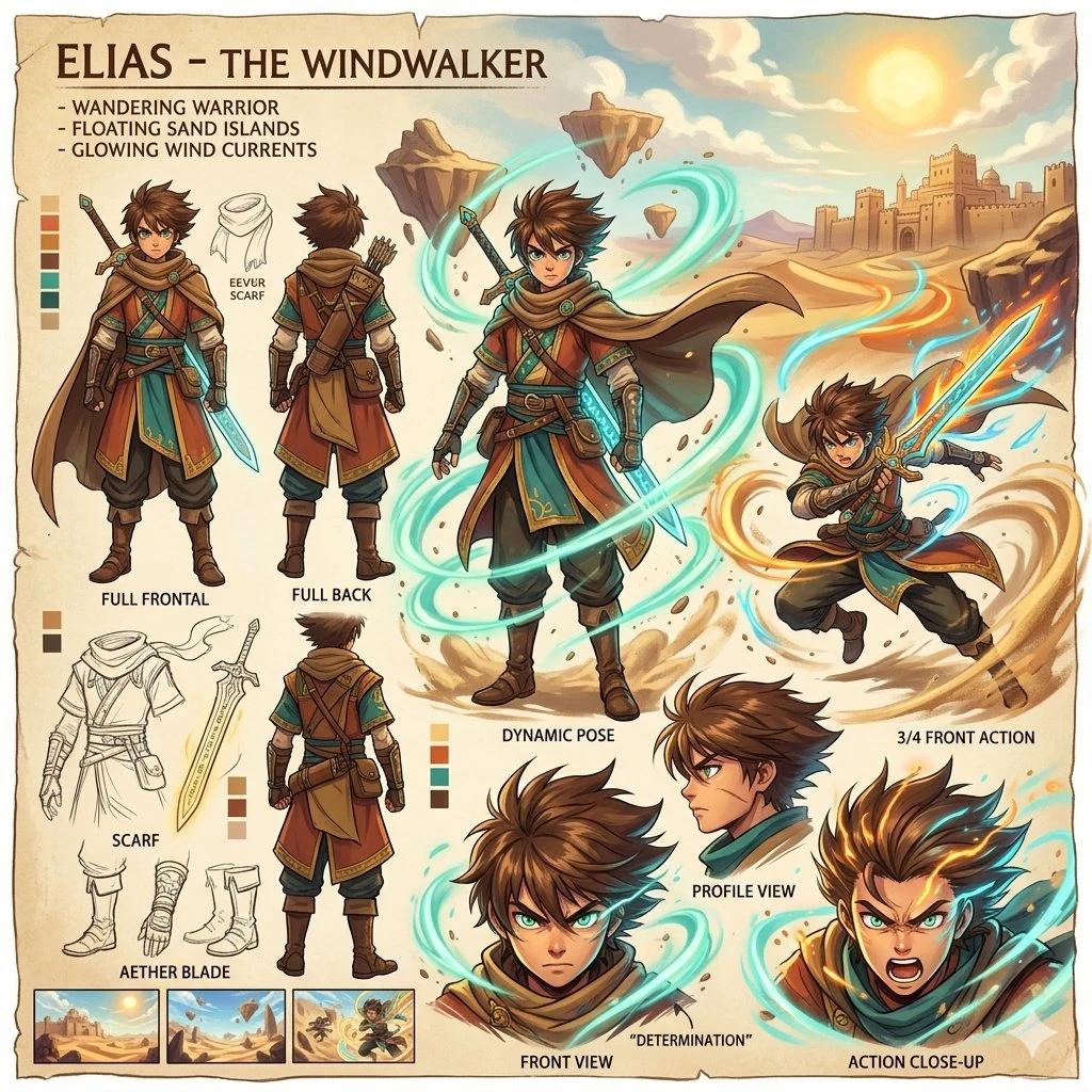 A stylized anime-inspired cinematic character sheet set in a colorful des...