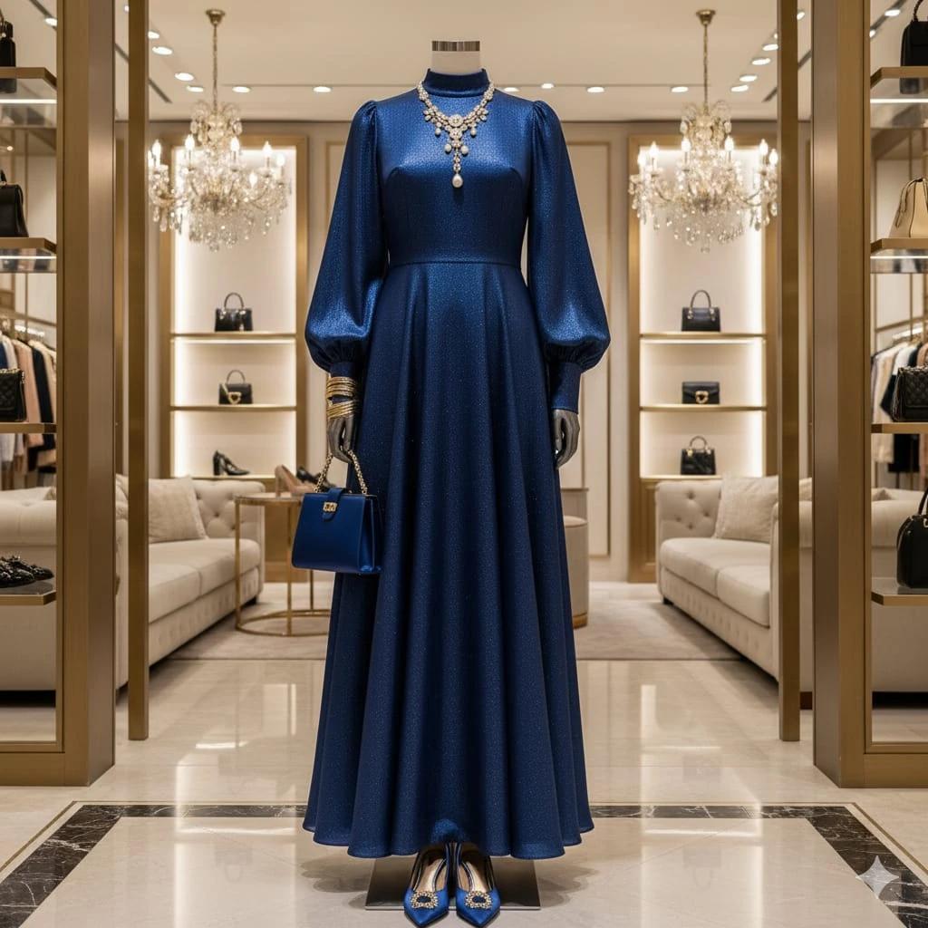A modern dress on a mannequin with full sleeves, high neckline, and a flo...