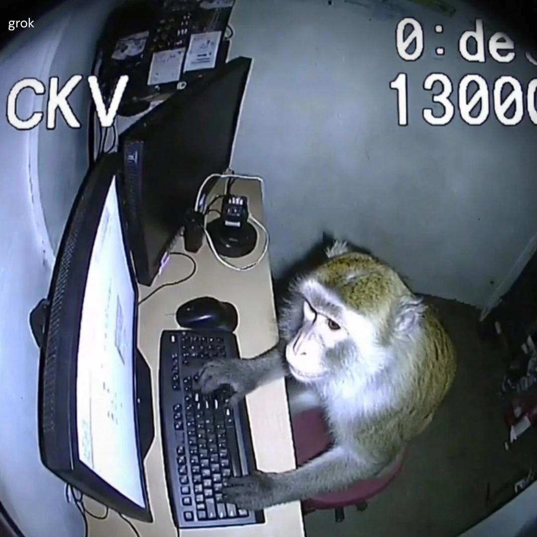 A CCTV-style surveillance footage of a monkey sitting in a small room, us...