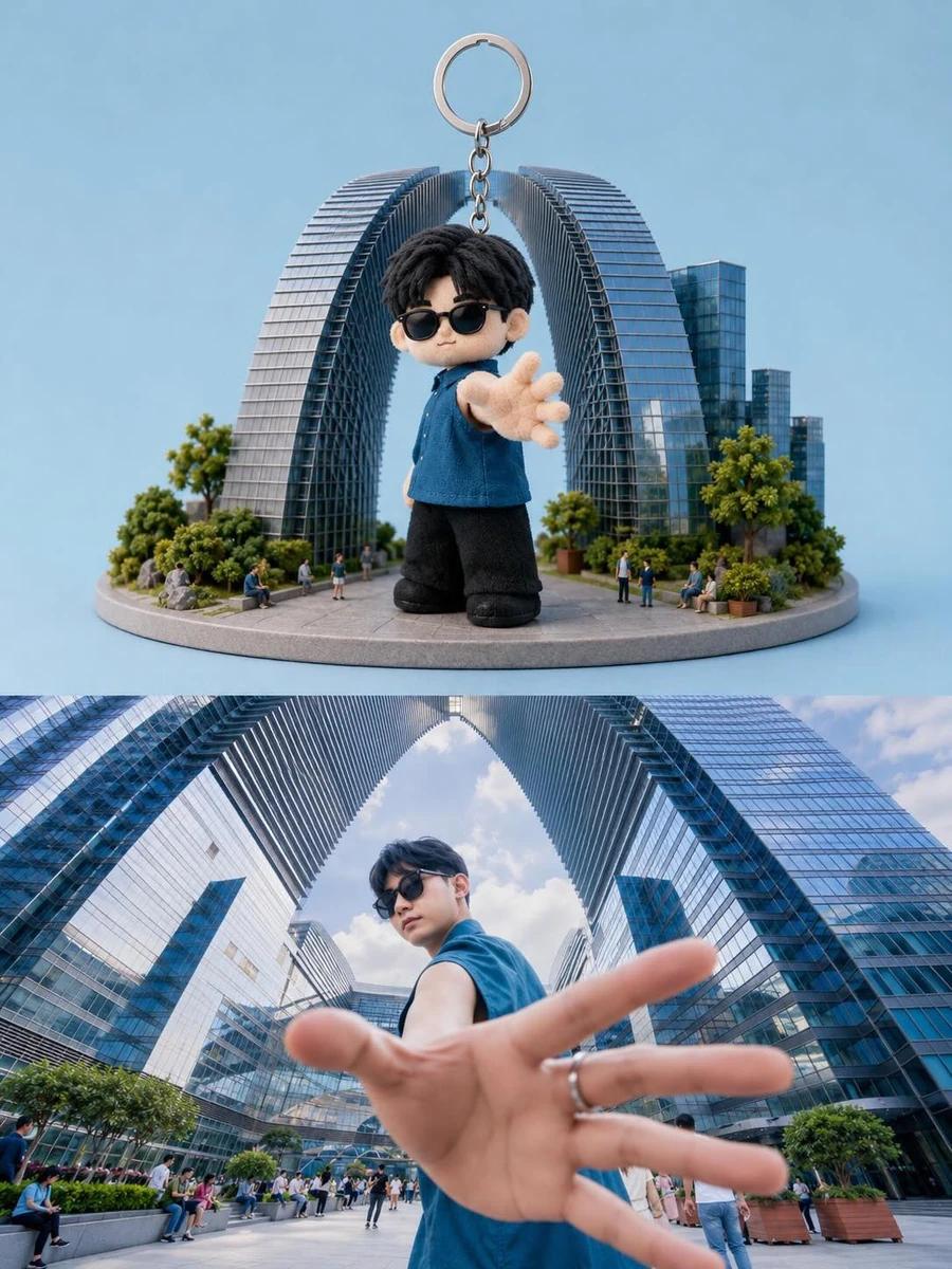 Top half: a cute chibi-style 3D miniature keychain character with oversiz...