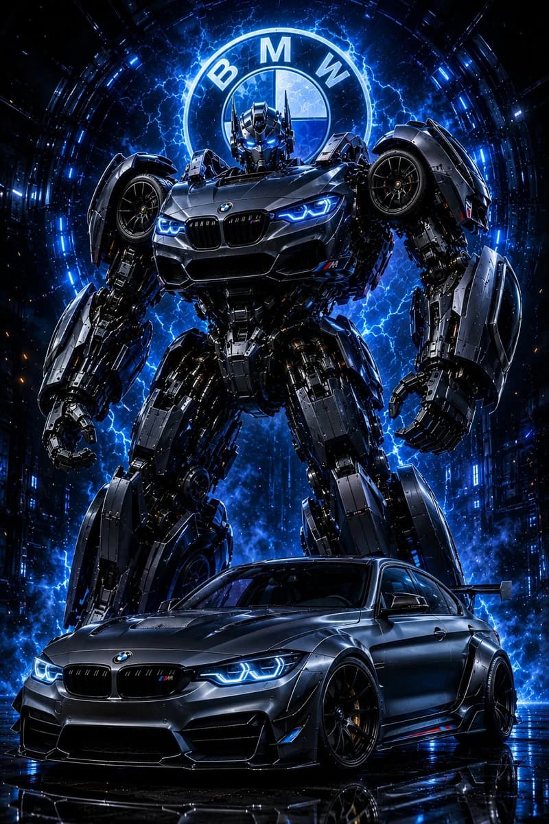 Transform the uploaded BMW into a premium Transformers-style giant robot...