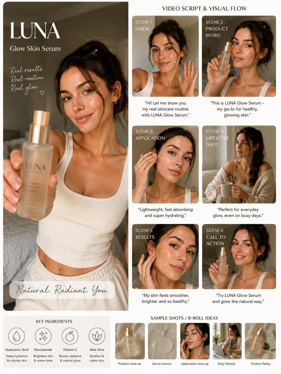(Luxury AI UGC skincare campaign board), warm beige aesthetic, beautiful...