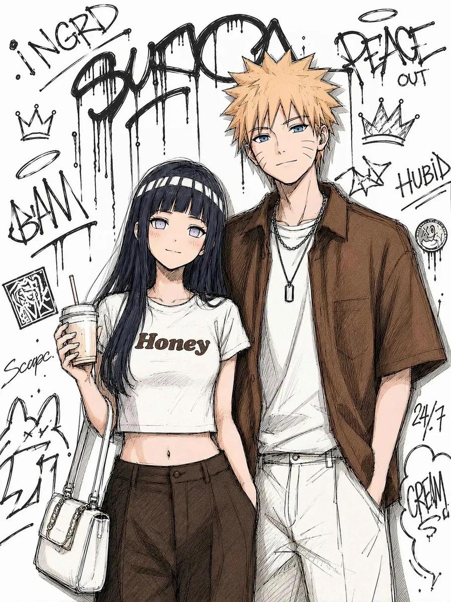 spiky-haired boy and a dark-haired girl with pale lavender eyes, standing...