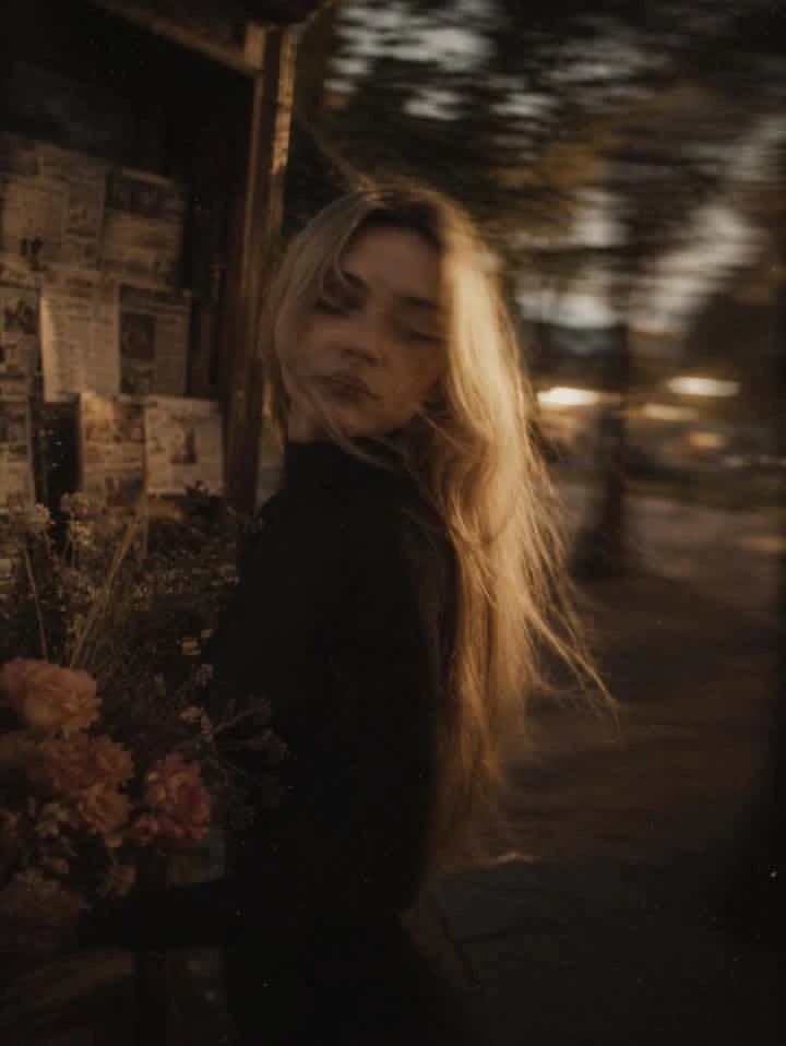 Ultra-realistic cinematic street portrait of a young woman with long flow...
