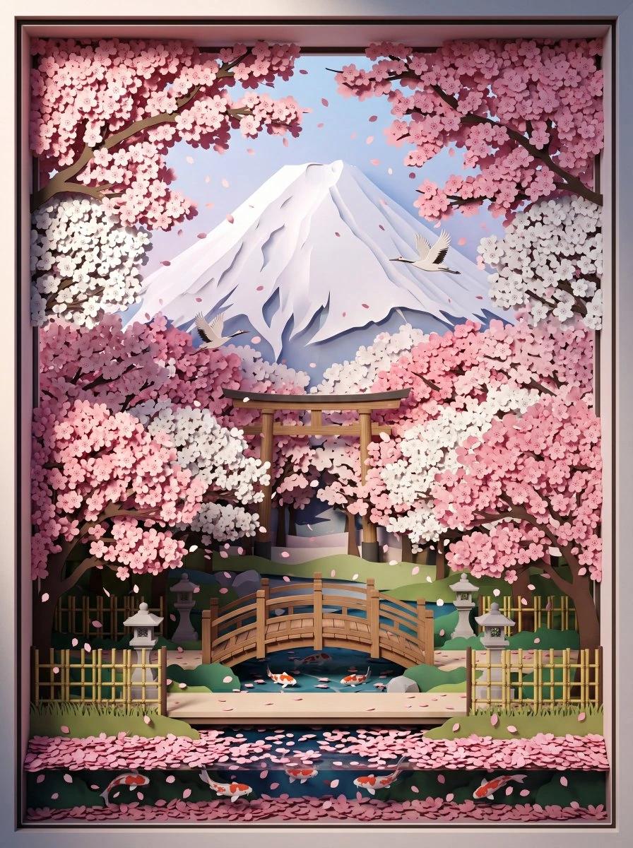 3D 剪纸富士山樱花🌸