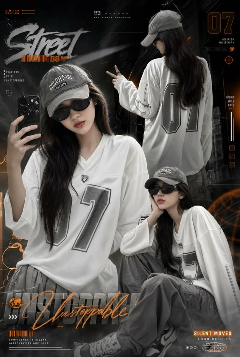 Ultra aesthetic streetwear girl collage poster, black and gray moody back...