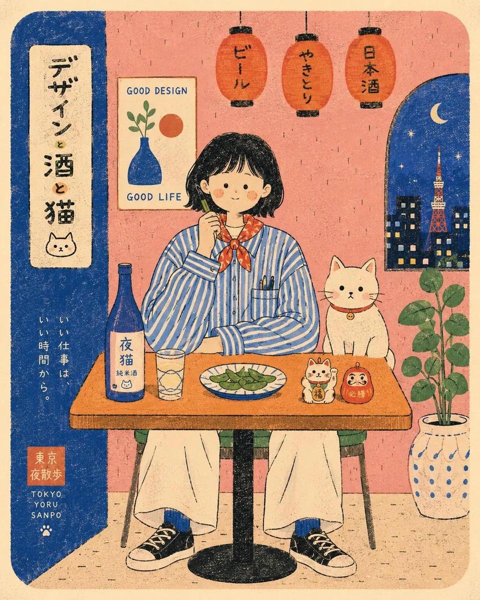 Whimsical Japanese retro café illustration, cozy slice-of-life aesthetic,...