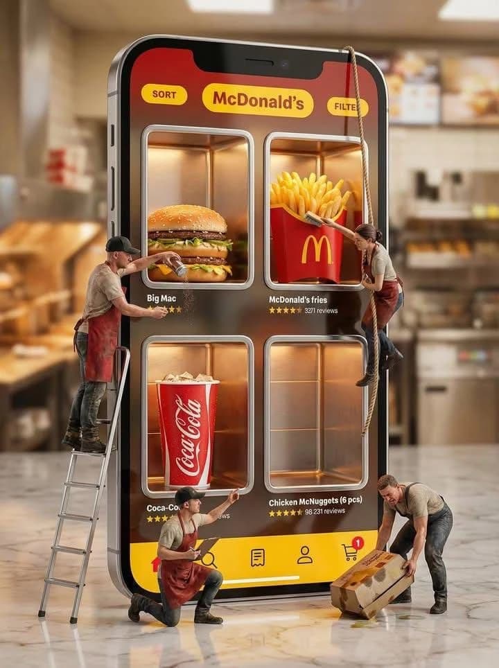 Ultra-realistic creative advertising scene showing a giant smartphone dis...
