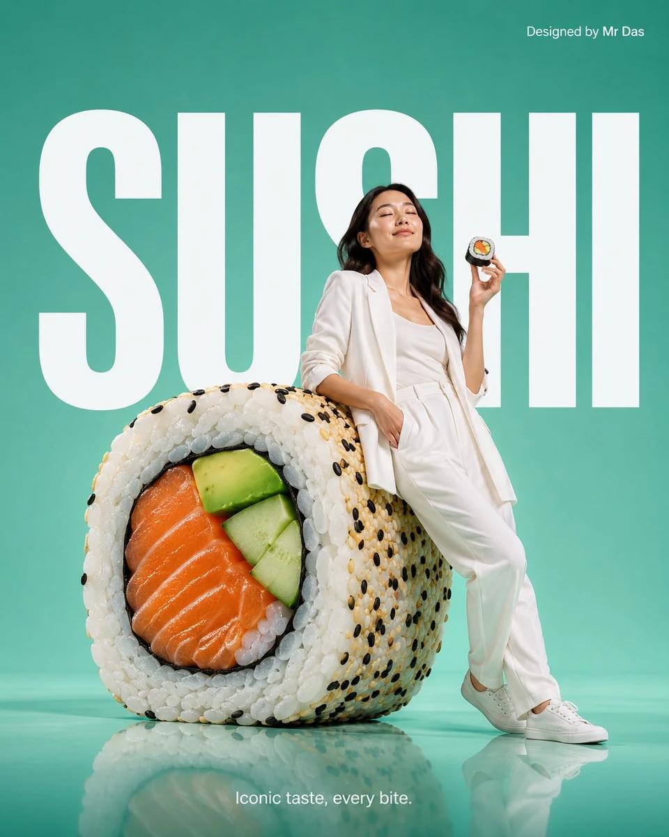 Minimalist commercial ad featuring oversized premium sushi rolls, ultra-c...