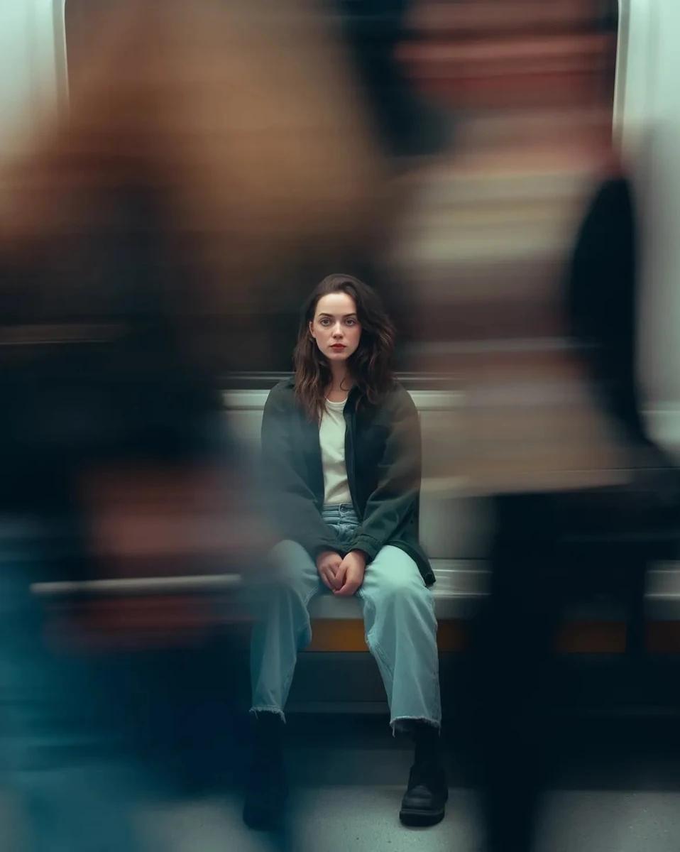 “Cinematic portrait of a young woman sitting alone on a subway bench, cen...