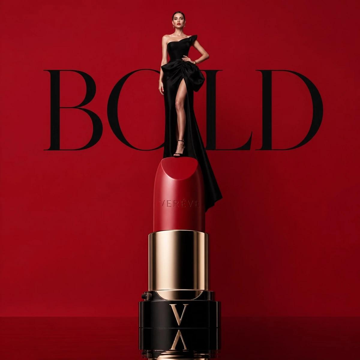 Avant-garde luxury beauty campaign, oversized sculptural red lipstick pos...