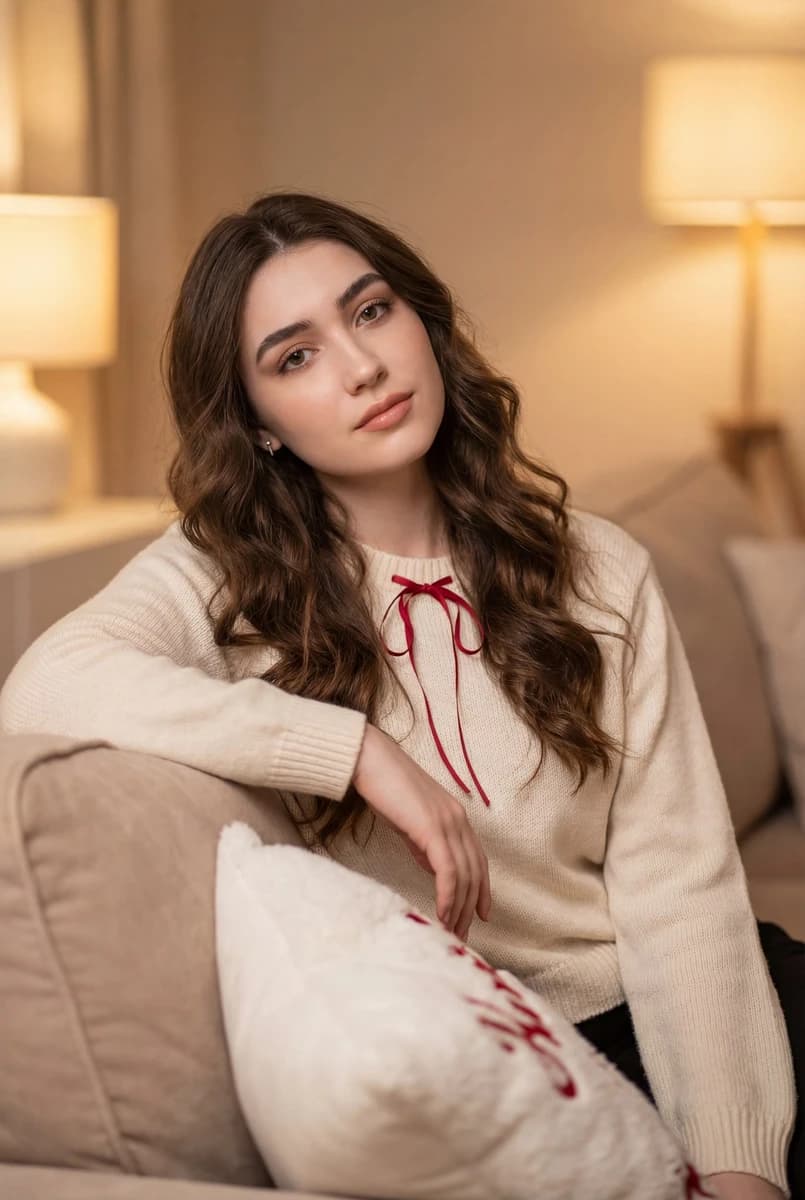A Ultra-realistic portrait of a young woman sitting on a beige couch in w...