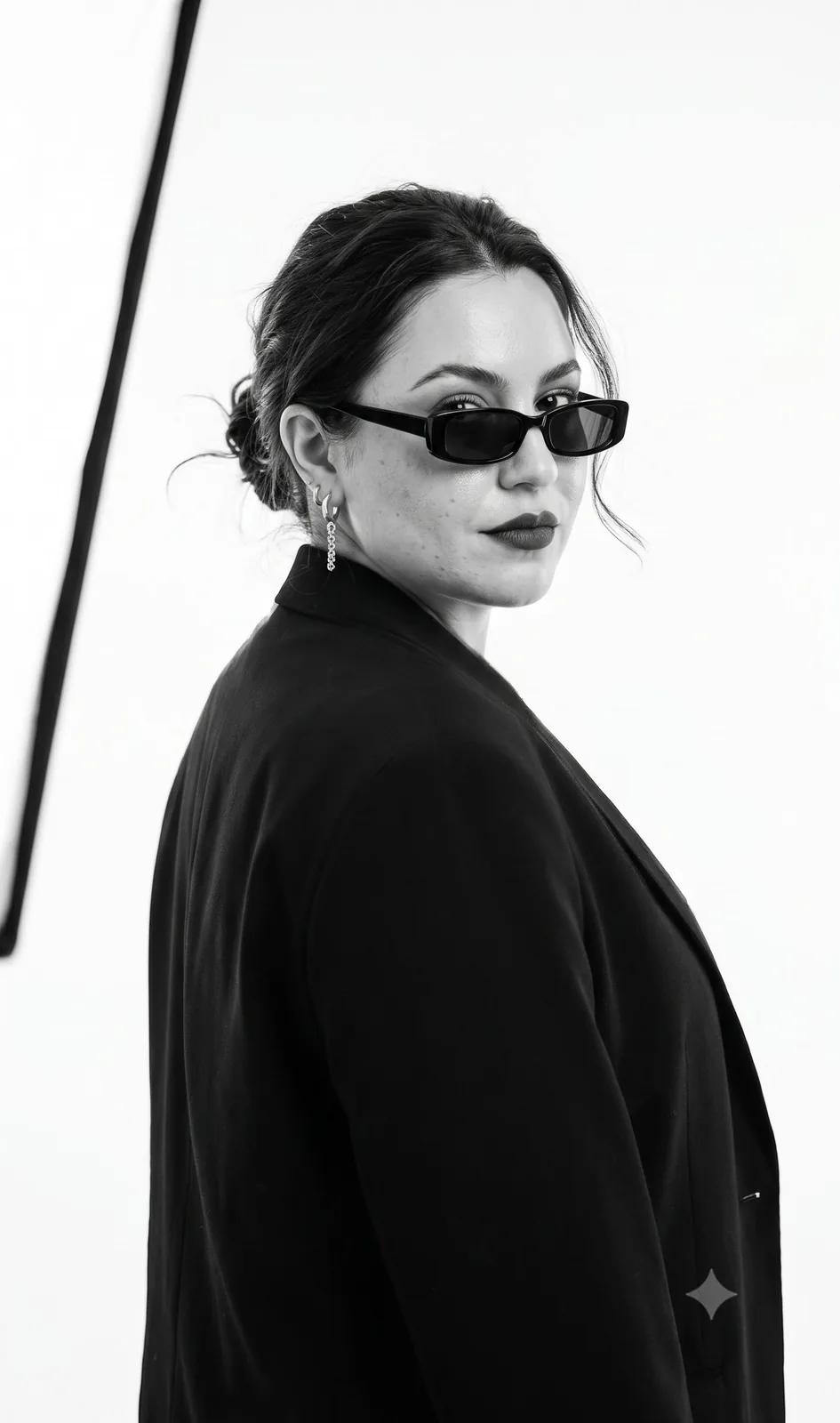 She wears an oversized structured blazer, complemented by small hoop earr...