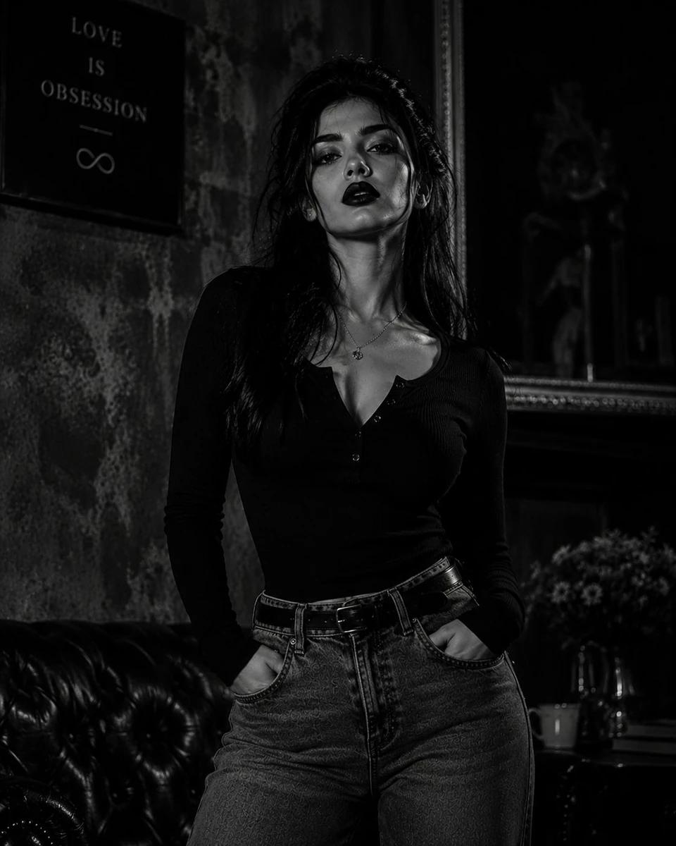 Ultra-realistic black and white portrait of a powerful baddie queen, stan...
