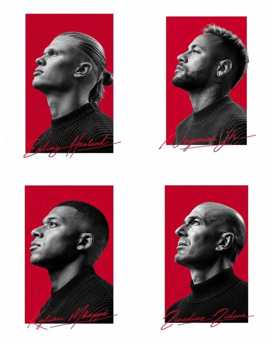 A premium sports editorial poster featuring four monochrome side-profile...
