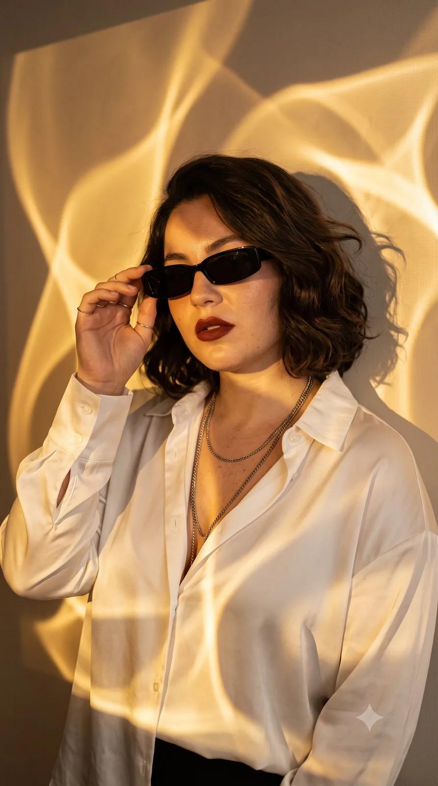 She wears an oversized white satin-inspired button-up shirt paired with l...