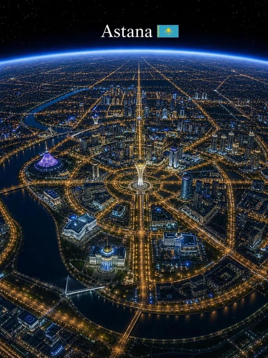 Ultra-realistic cinematic aerial view of a major (CITY NAME)at night from...